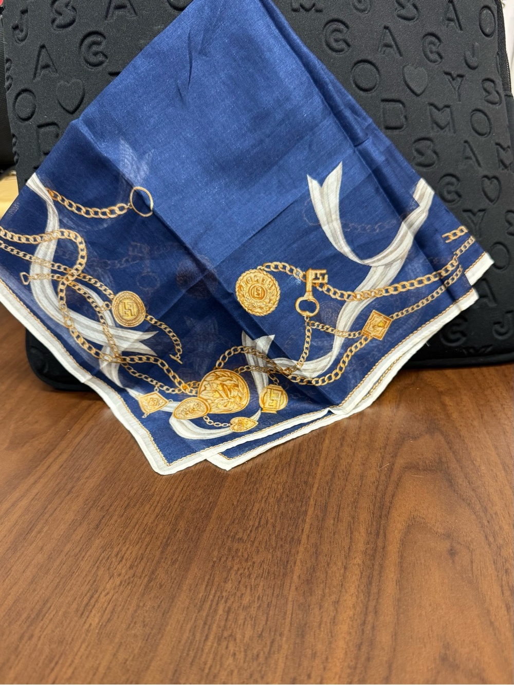 Fendi Navy Blue and Gold Chain Motif Silk Scarf